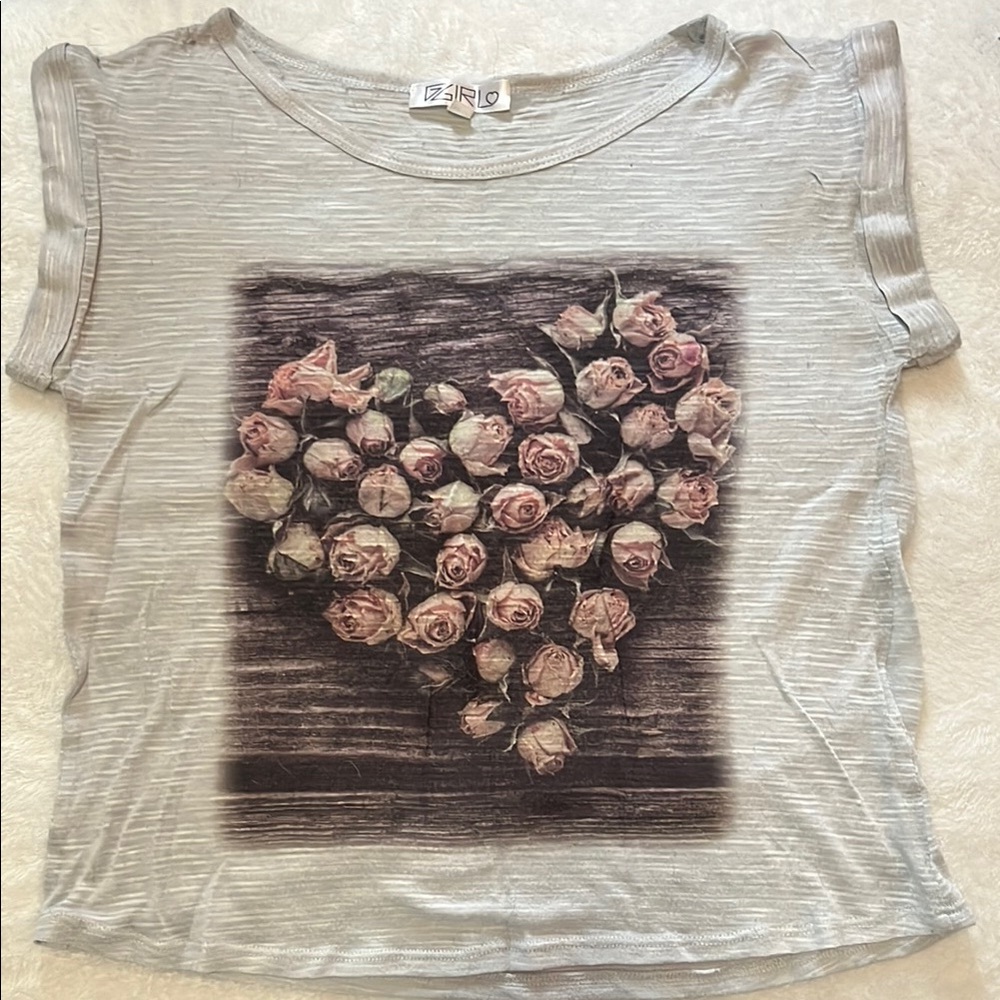 Floral Heart Graphic Tee - Gray and Pink